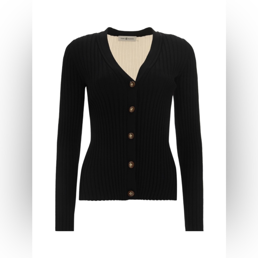 Tory Burch Black Ribbed Cardigan with Cream Accents